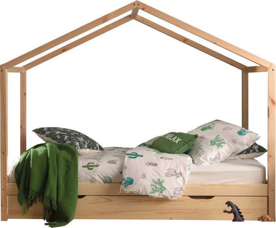 Domečková dětská postel z borovicového dřeva s výsuvným lůžkem a úložným prostorem v přírodní barvě 90x200 cm DALLAS – Vipack